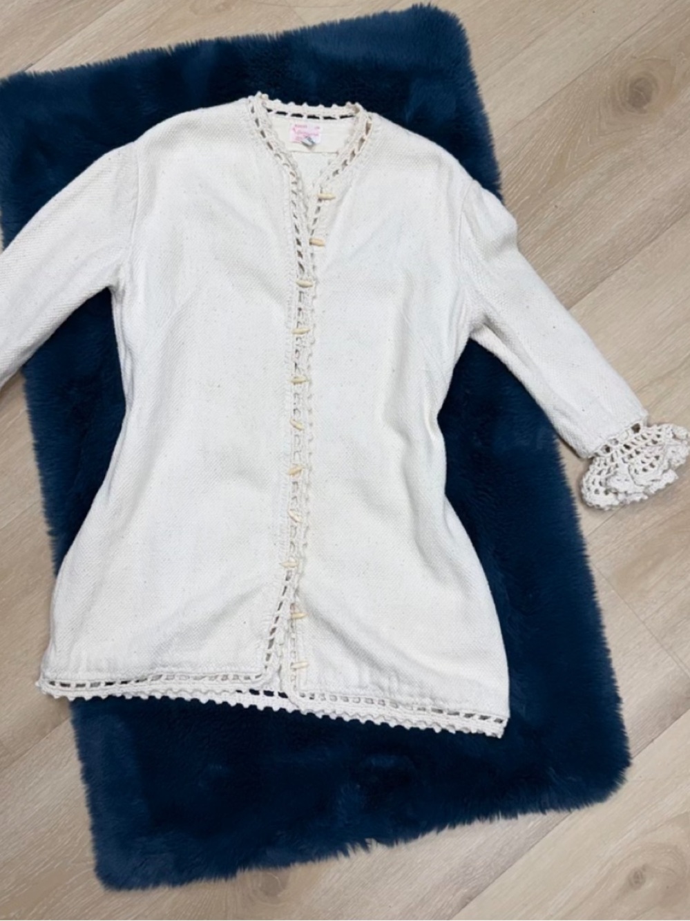 Vintage Diseño Mexican woven Cotton wood toggles crochet Cardigan Jacket S/M